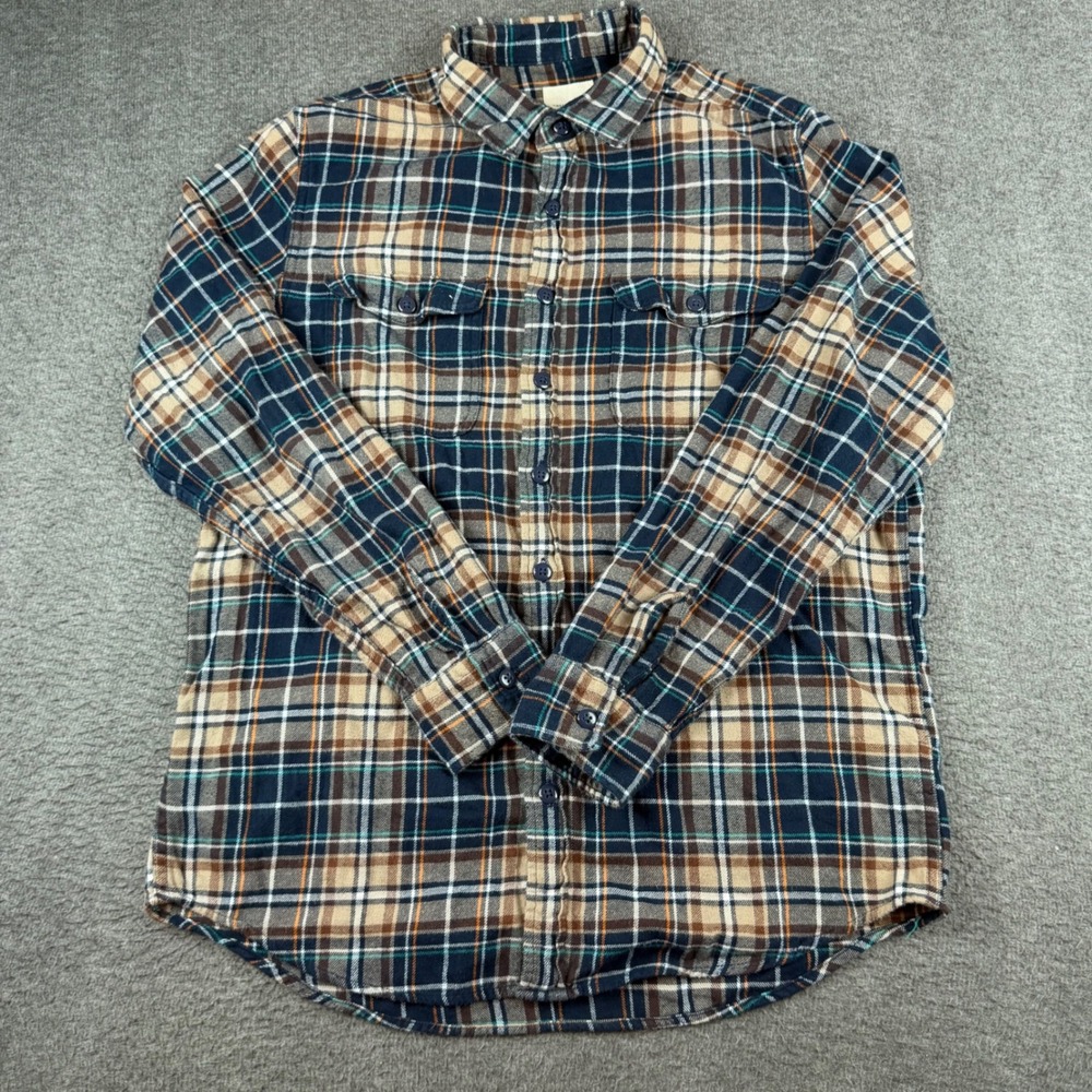 American Eagle Flannel Shirt Men's LT Blue Tan Plaid Cotton Long Sleeve Tall